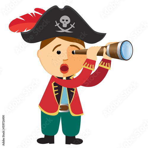 Pirate boy looking through a spyglass telescope vector illustration isolated on a white background