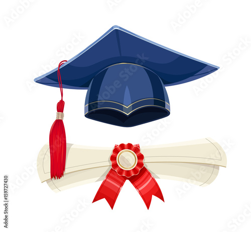 Blue academicic graduation cap and diploma scroll. Students