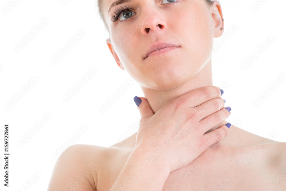 Woman with Sore Throat Remedies portrait isolated on white