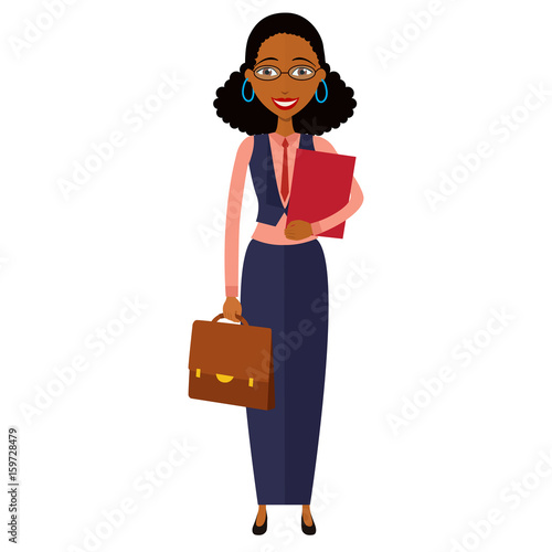 Spectacled African american business woman. Bespectacled business-woman ready for work flat cartoon vector illustration. Eps10. Isolated on a white background.