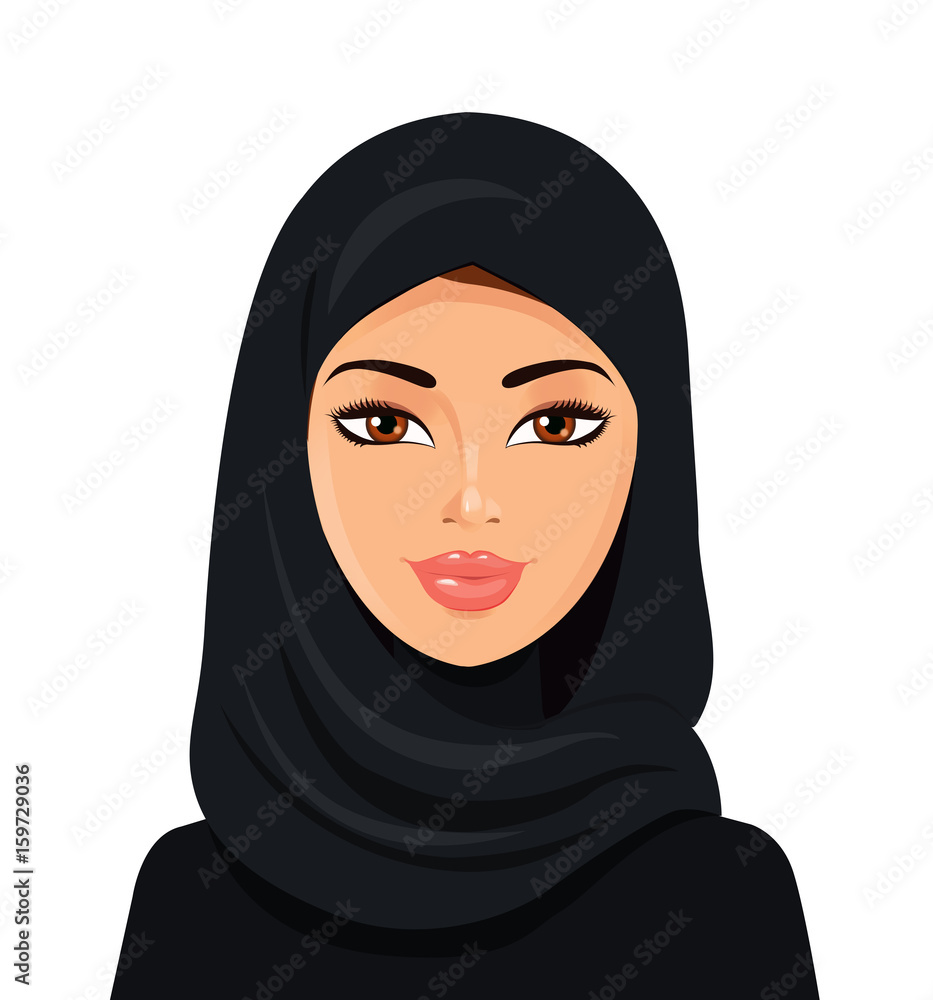 Beautiful muslim woman in black hijab isolated on a white background ...