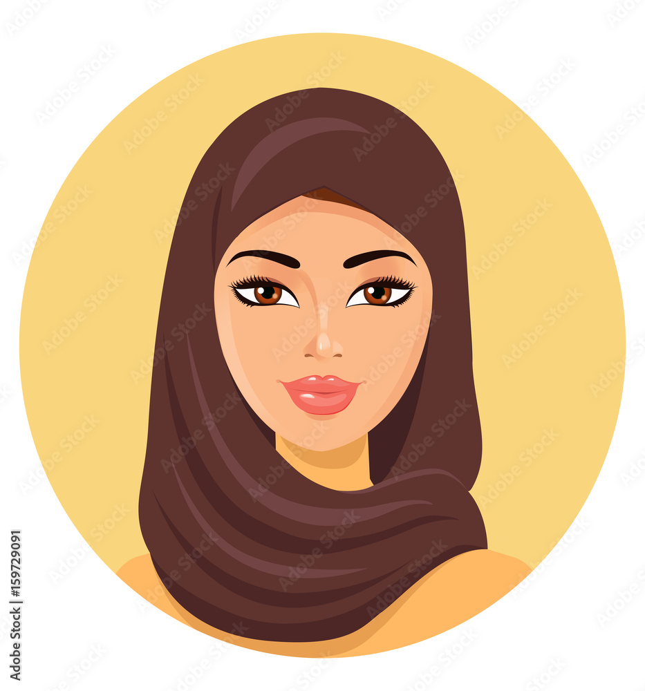 Beautiful young happy muslim woman in hijab vector flat icon avatar ...