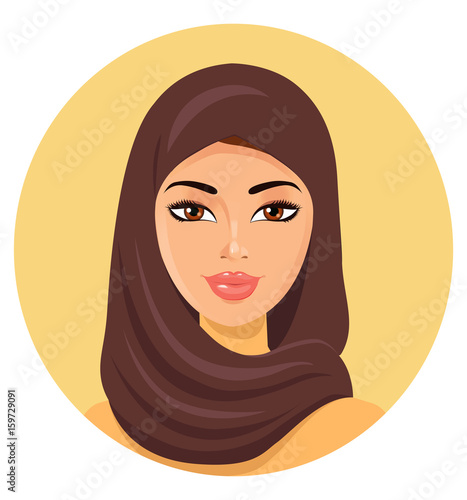 Beautiful young happy muslim woman in hijab vector flat icon avatar.