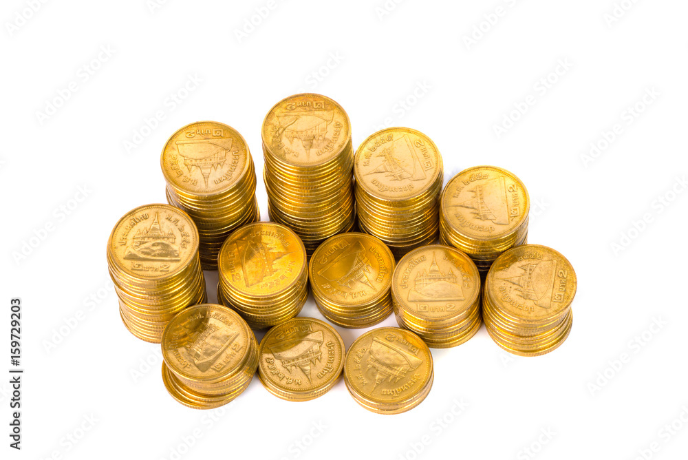 Columns of gold coins, piles of coins on white background Columns of gold coins, piles of coins on white background
