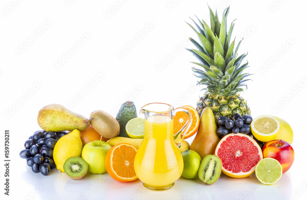 Fruits juice and assortment of exotic fruits on white background. Healthy drink full of vitamins. Fruits juice and assortment of exotic fruits on white background. Healthy drink full of vitamins.