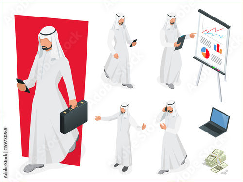 Set of Businessman Arab Man on white background. Isometric character poses. Cartoon people. Create your own design for vector