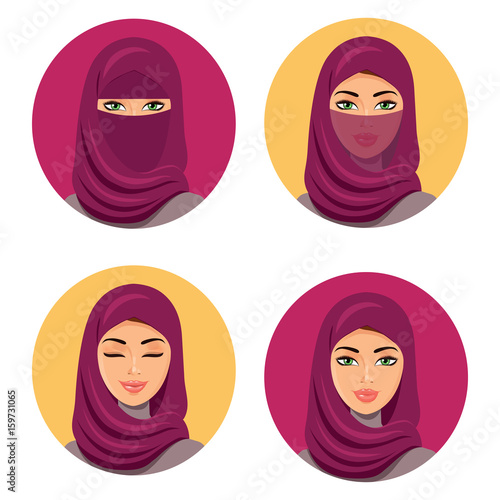 Beautiful fashion young arab women icons set isolated vector illustration