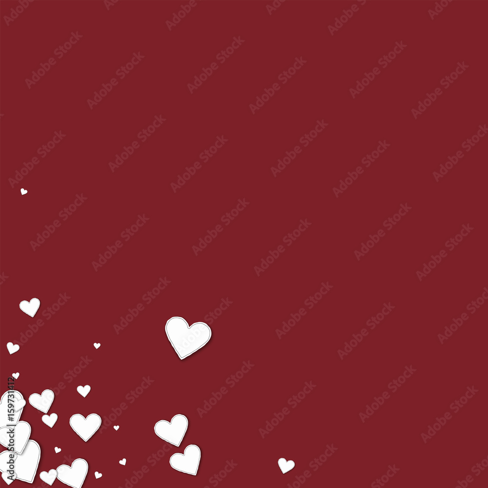 Beautiful paper hearts. Messy bottom left corner on wine red background. Vector illustration.