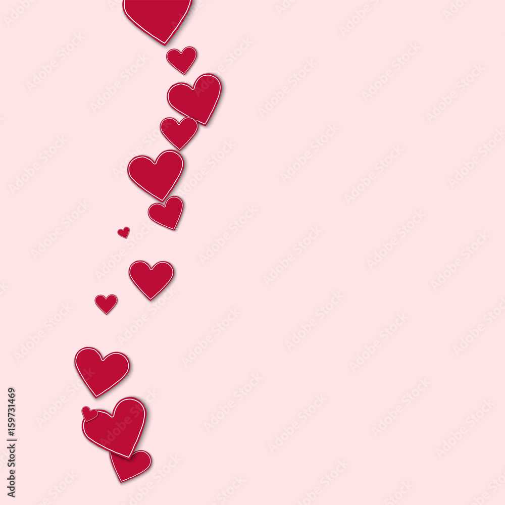 Cutout red paper hearts. Left wave on light pink background. Vector illustration.