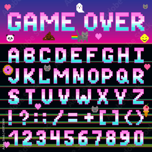 Pixel retro font computer game design 8-16 bit letters and numbers electronic futuristic vector abc typeface digital alphabet print