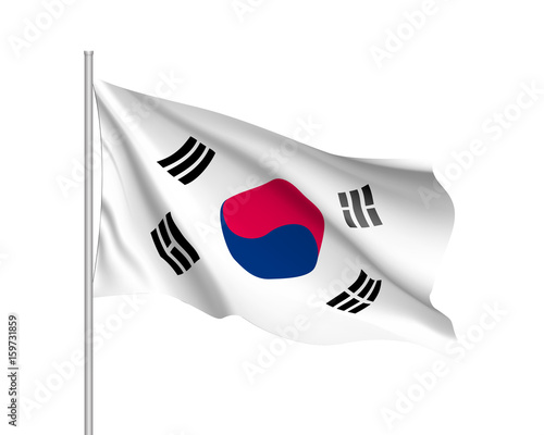 Waving flag of South Korea. Illustration of Asian country flag on flagpole. Vector 3d icon isolated on white background