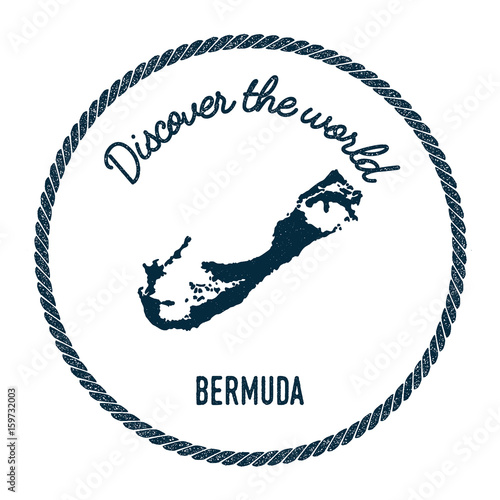 Bermuda map in vintage discover the world insignia. Hipster style nautical postage stamp, with round rope border. Vector illustration.
