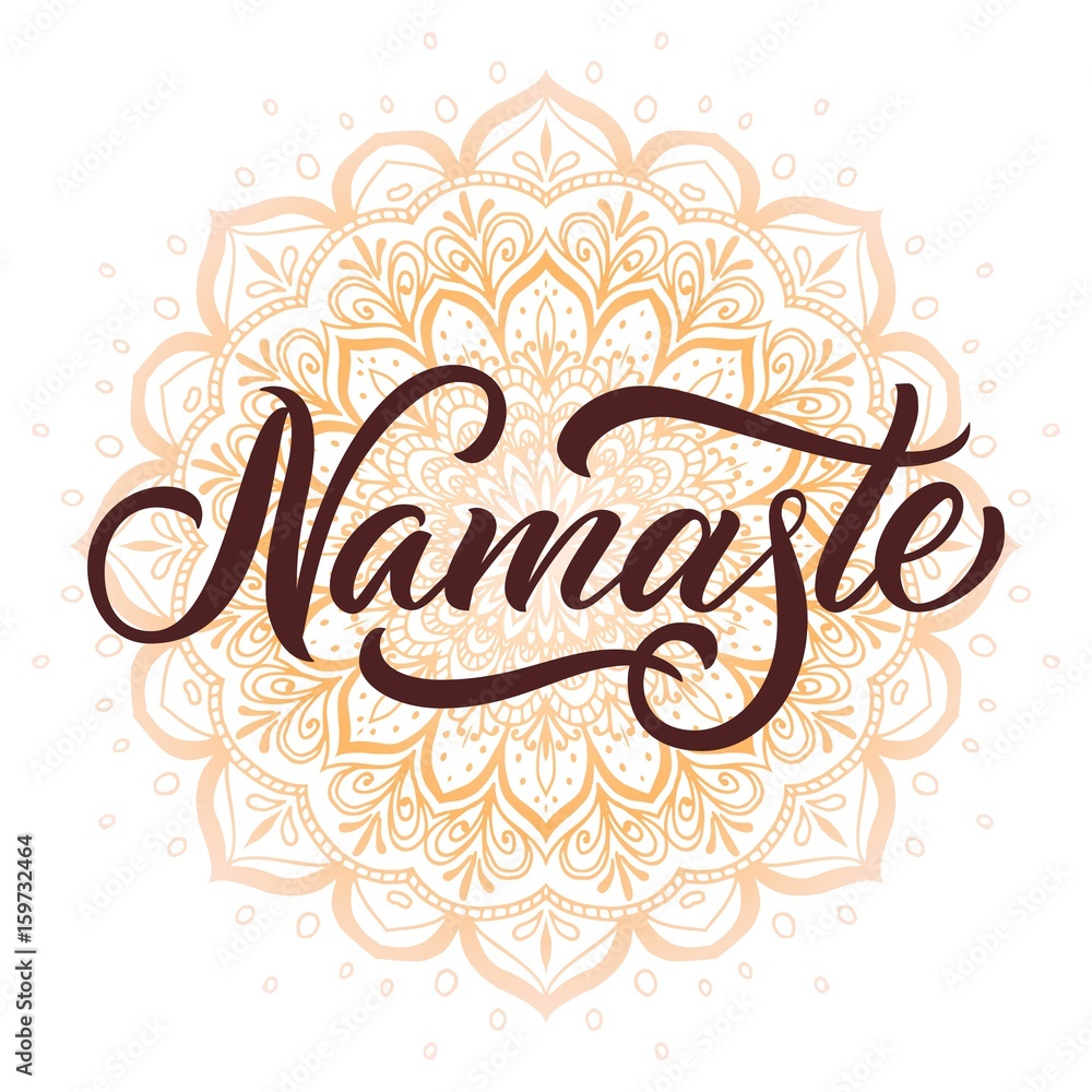 Photographie Namaste, indian greeting, hand drawn lettering on abstract  doodle round ornament on white background, mandala boho design - Acheter-le  sur Europosters.fr