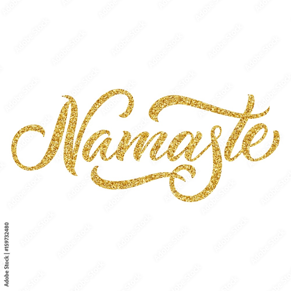 Namaste indian greeting, hand drawn lettering with golden glitter texture. Vector illustration. Namaste indian greeting, hand drawn lettering with golden glitter texture. Vector illustration.