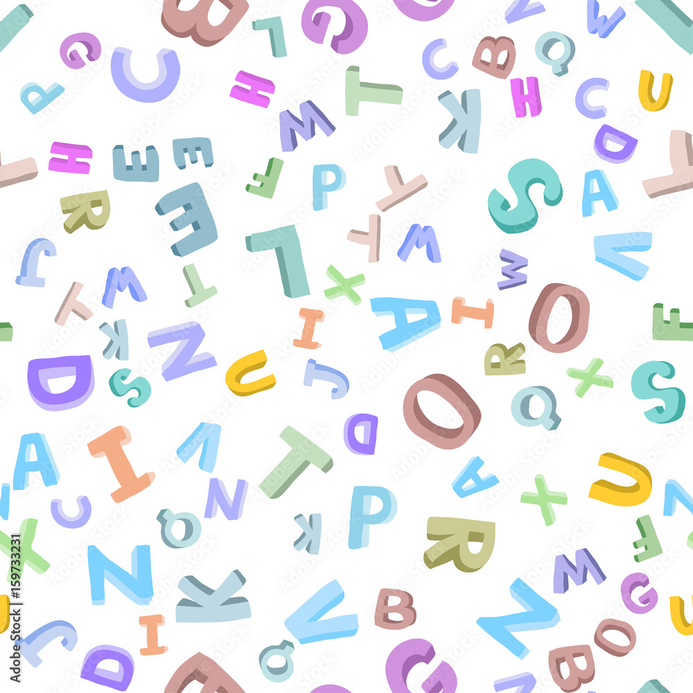 Vector seamless pattern of hand-drawn children's alphabet. 3D doodle letters. ABC font background illustration for kids.