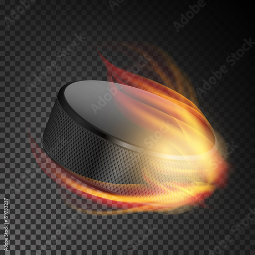 Realistic Ice Hockey Puck In Fire. Burning Hockey Puck On Transparent Background. Vector Illustration