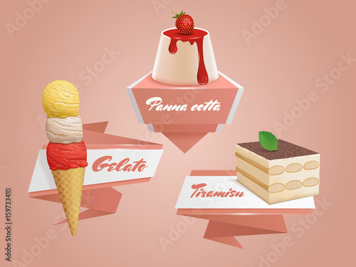 Italian sweets badges. Vector banners with panna cotta, tiramisu and gelato. Traditional desserts logos.