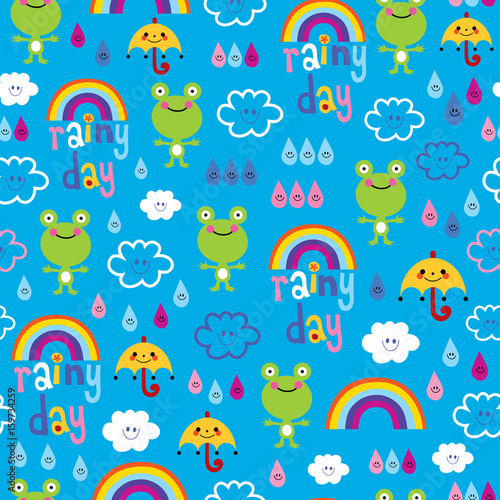 rainy day seamless pattern with cute frog character