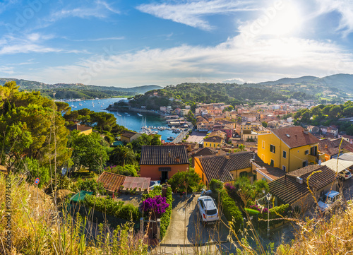 Panoramic view over Harbor and village Porto Azzurro, Elba islands, Tuscany, Italy