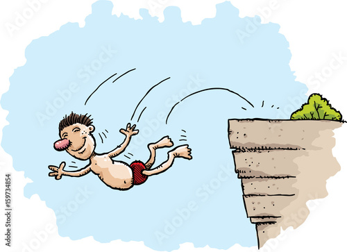 A happy cartoon man in a bathing suit diving off of a rocky cliff.