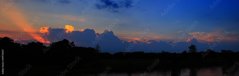 panorama sunset in sky beautiful colorful landscape silhouette tree woodland and river reflect the twilight time