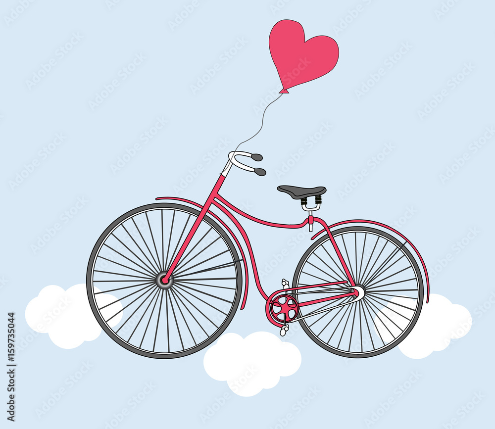 Vector illustration with bike, balloon and heart. Card for Valentine's Day.