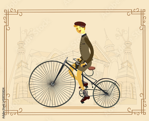 Retro gentleman with mustaches on a bicycle on old city background. Man riding bike Vector.