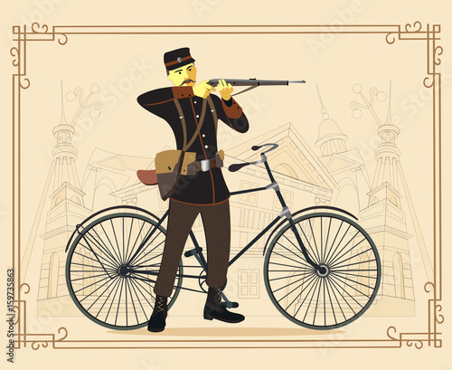 Retro vintage old bicycle and military man vector illustration
