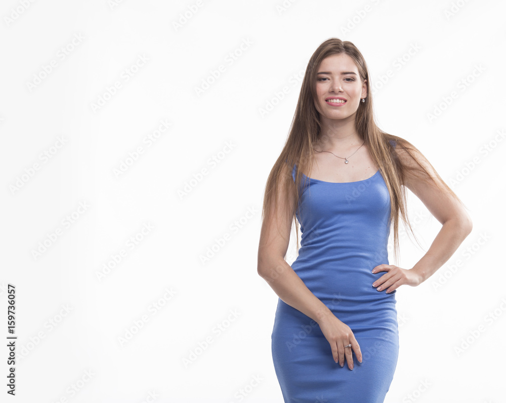 Young happy woman showing presentation, pointing on placard over Young happy woman showing presentation, pointing on placard over