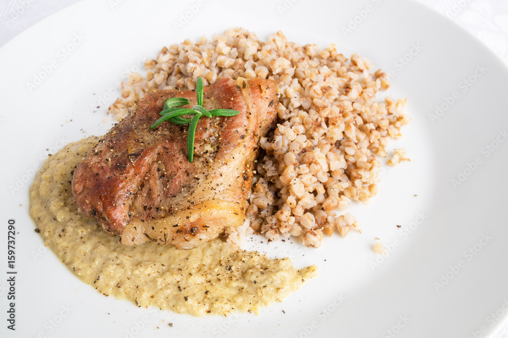 pork steak with buckwheat porridge and onion sauce pork steak with buckwheat porridge and onion sauce