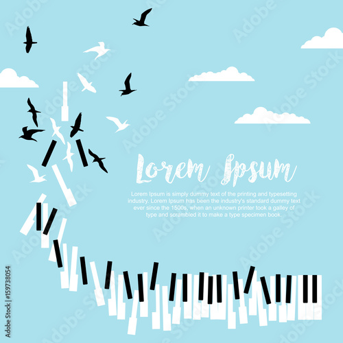 Poster for music festival or concert with piano keys and flying birds in blue sky with clouds and space for text