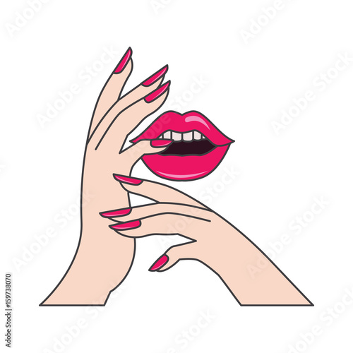 red lips and manicure nails . makeup and cosmetics, vector illustration