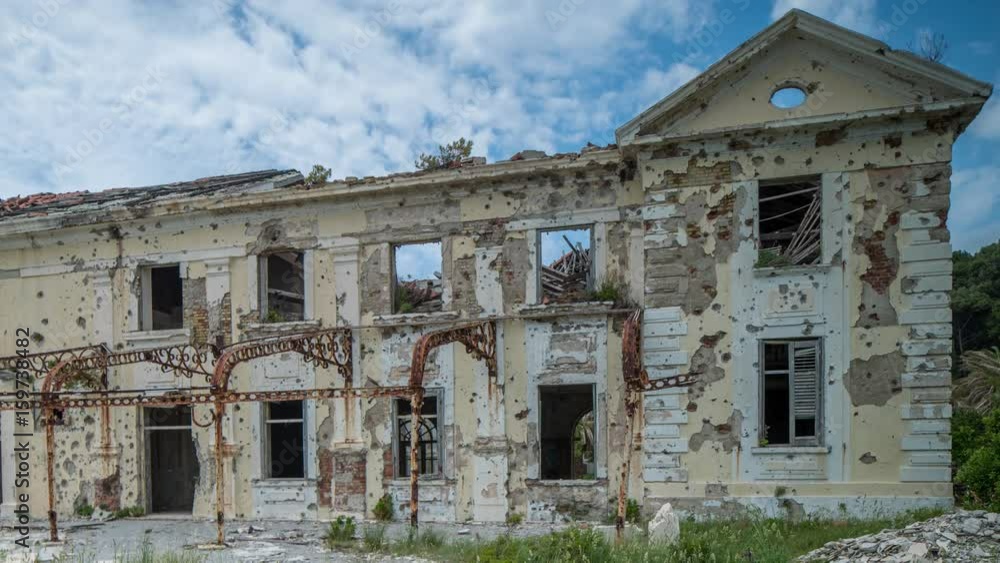 timelapse of a bombed out half destroyed building close to Dubrovnik that was attacked during the balkan conflict timelapse of a bombed out half destroyed building close to Dubrovnik that was attacked during the balkan conflict