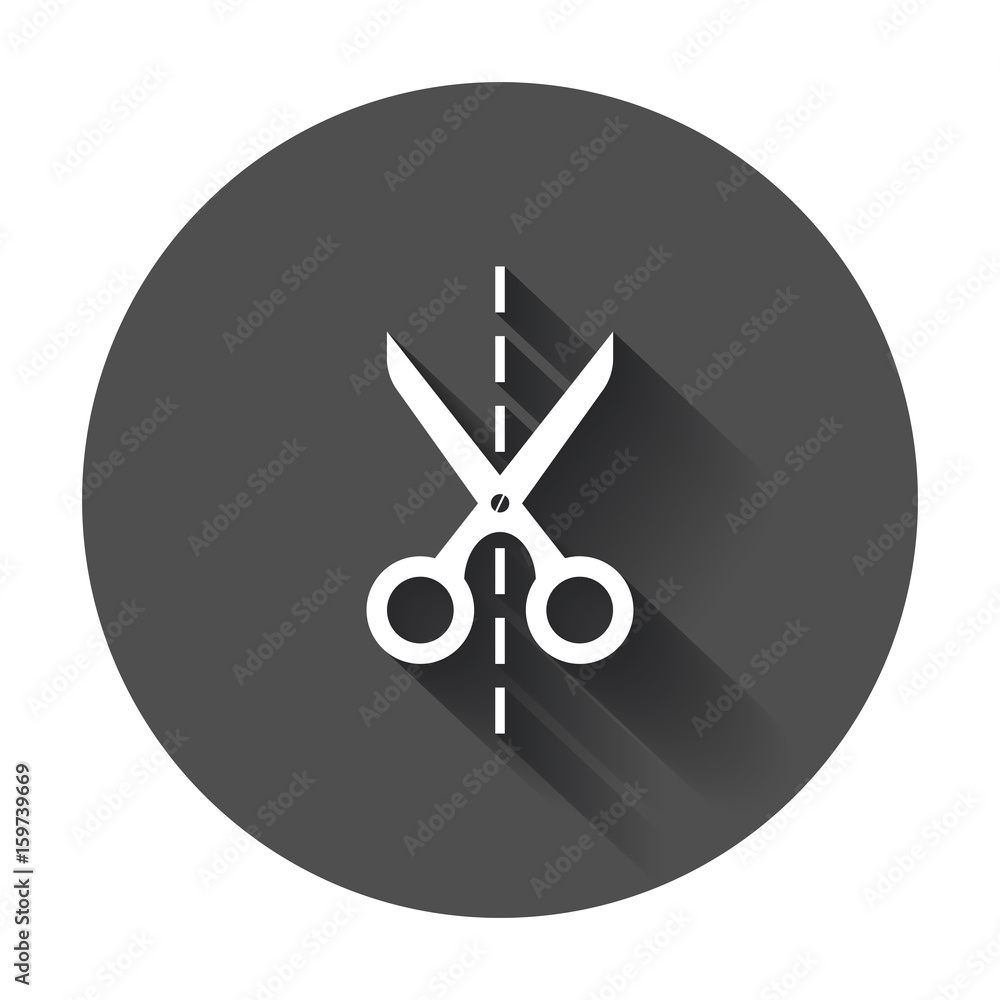 Scissors icon with cut line. Scissor vector illustration with long shadow. Scissors icon with cut line. Scissor vector illustration with long shadow.