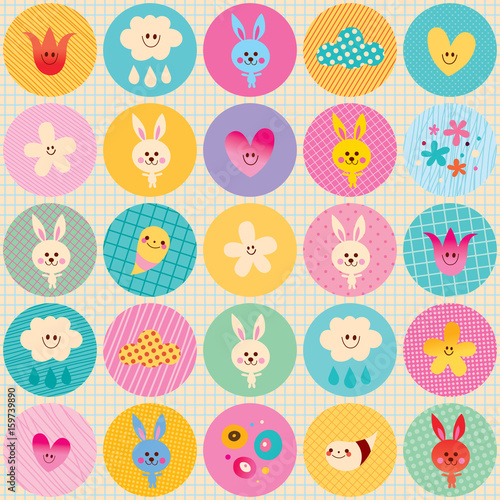 circles pattern baby bunnies flowers clouds