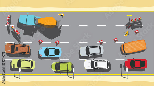 Road repair with traffic and truck mixer top view