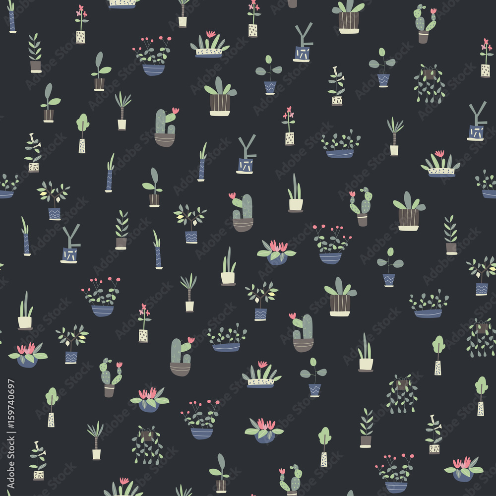 Seamless pattern with indoor plants on dark background. Vector background illustration. Seamless pattern with indoor plants on dark background. Vector background illustration.