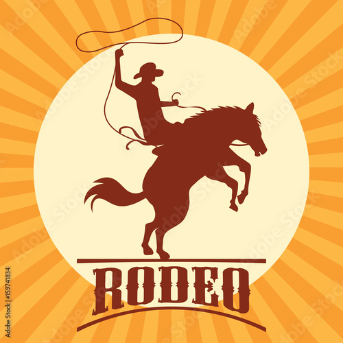 rodeo poster with cowboy silhouette riding on wild horse and bull. vector illustration