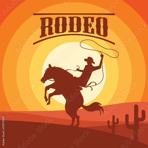 rodeo poster with cowboy silhouette riding on wild horse and bull. vector illustration