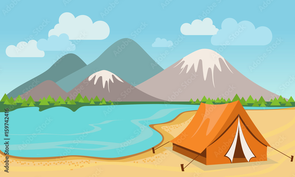 Holiday Camping by the lake with a backdrop of mountains illustration