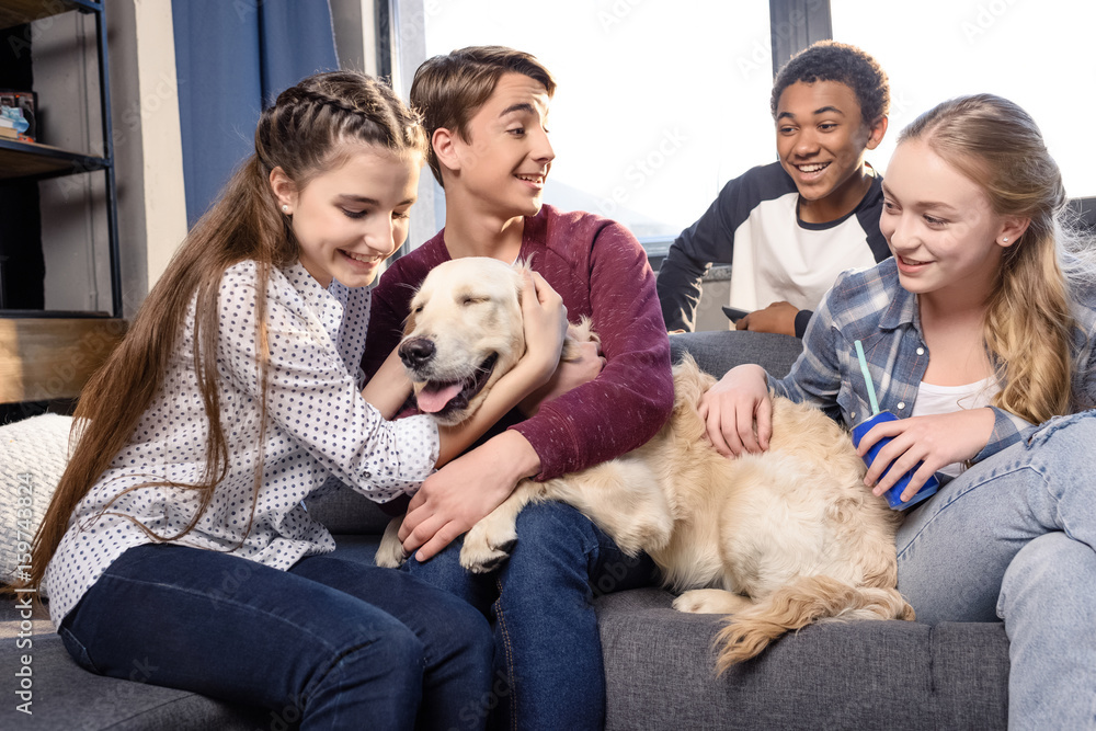 Group of teenagers having fun together with golden retriever dog indoors, teenagers having fun concept Group of teenagers having fun together with golden retriever dog indoors, teenagers having fun concept