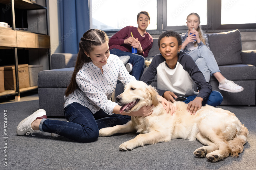 Group of teenagers having fun together with golden retriever dog indoors, teenagers having fun concept Group of teenagers having fun together with golden retriever dog indoors, teenagers having fun concept