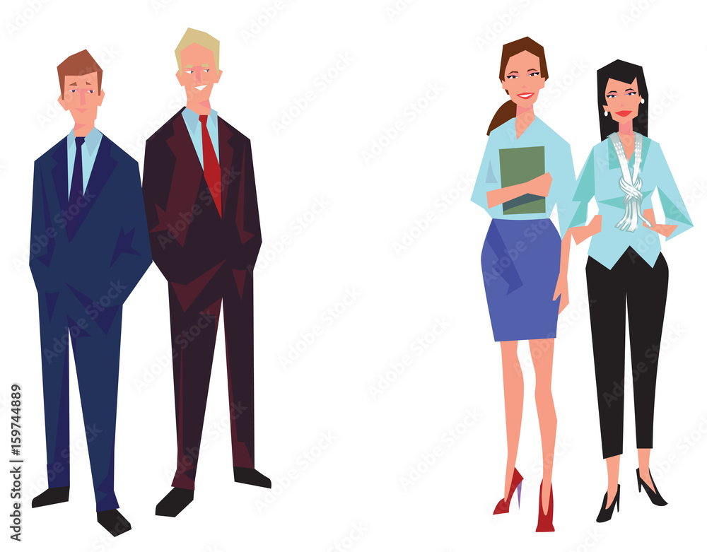 Four office workers, employees, managers. Two men and two women. Business people in business suits stand. Isolated on white. Business Icons. Business design. Vector illustration. Four office workers, employees, managers. Two men and two women. Business people in business suits stand. Isolated on white. Business Icons. Business design. Vector illustration.