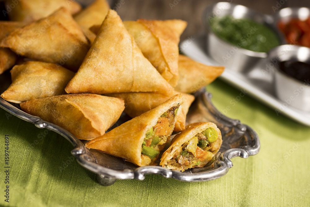 Vegetarian Samosas with Dipping Sauces and Chutneys