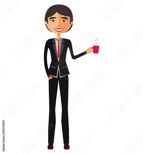 Asian Business man with a cup of tea and teapot vector flat cartoon illustration.