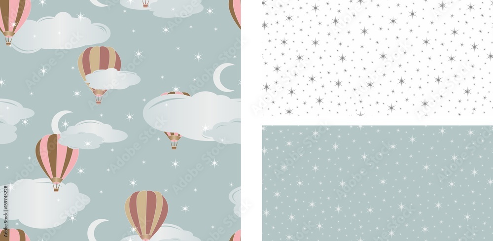 Seamless pattern with air balloons. Vector illustration. Set - obrazy, fototapety, plakaty 