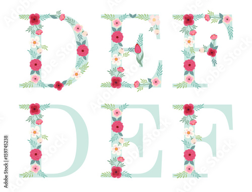 Cute vintage alphabet letters with hand drawn rustic flowers