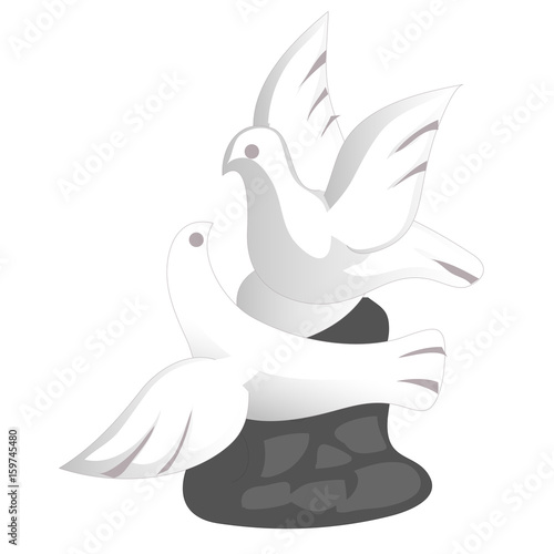 Porcelain doves souvenir toy in a flat design. Symbol of peace and love two birds flying with spread wings. Flying pigeons small glass statue isolated on white. Vector illustration