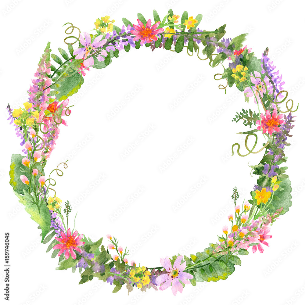 Raster vivid romantic round frame made with flowers and wild plants. Summer, natural, romantic, girlish themes, design element, printed goods.