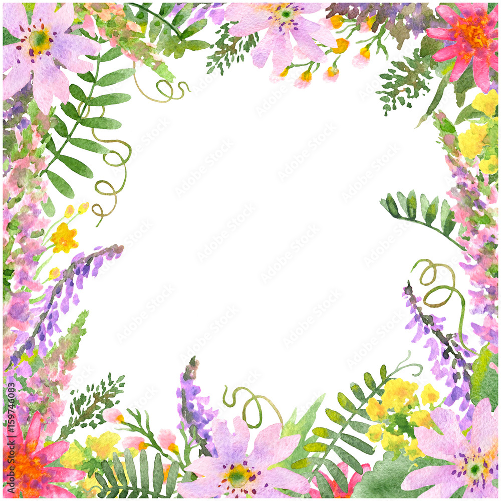 Raster vivid square frame made with flowers and wild plants. Summer, natural, romantic, girlish themes, design element, printed goods.